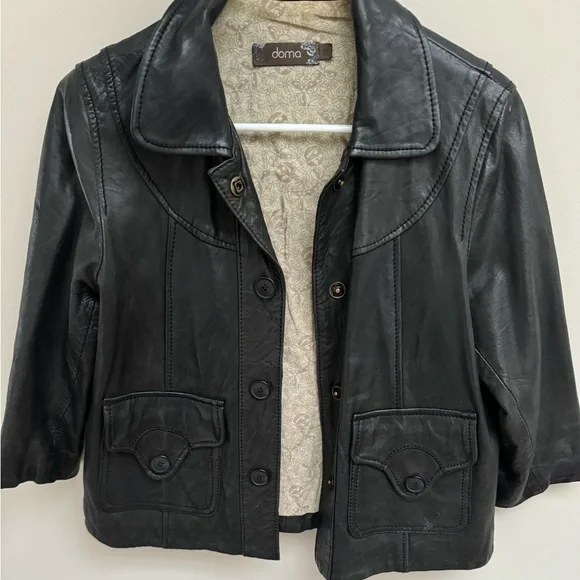 Doma Cropped Black Leather Jacket 3/4 Sleeve - Picture 4 of 8